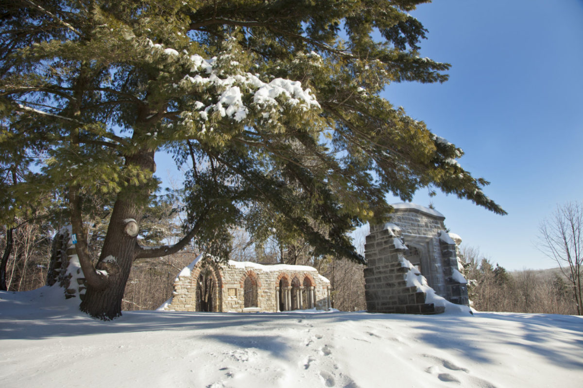 The Mackenzie King Ruins covered in snow.